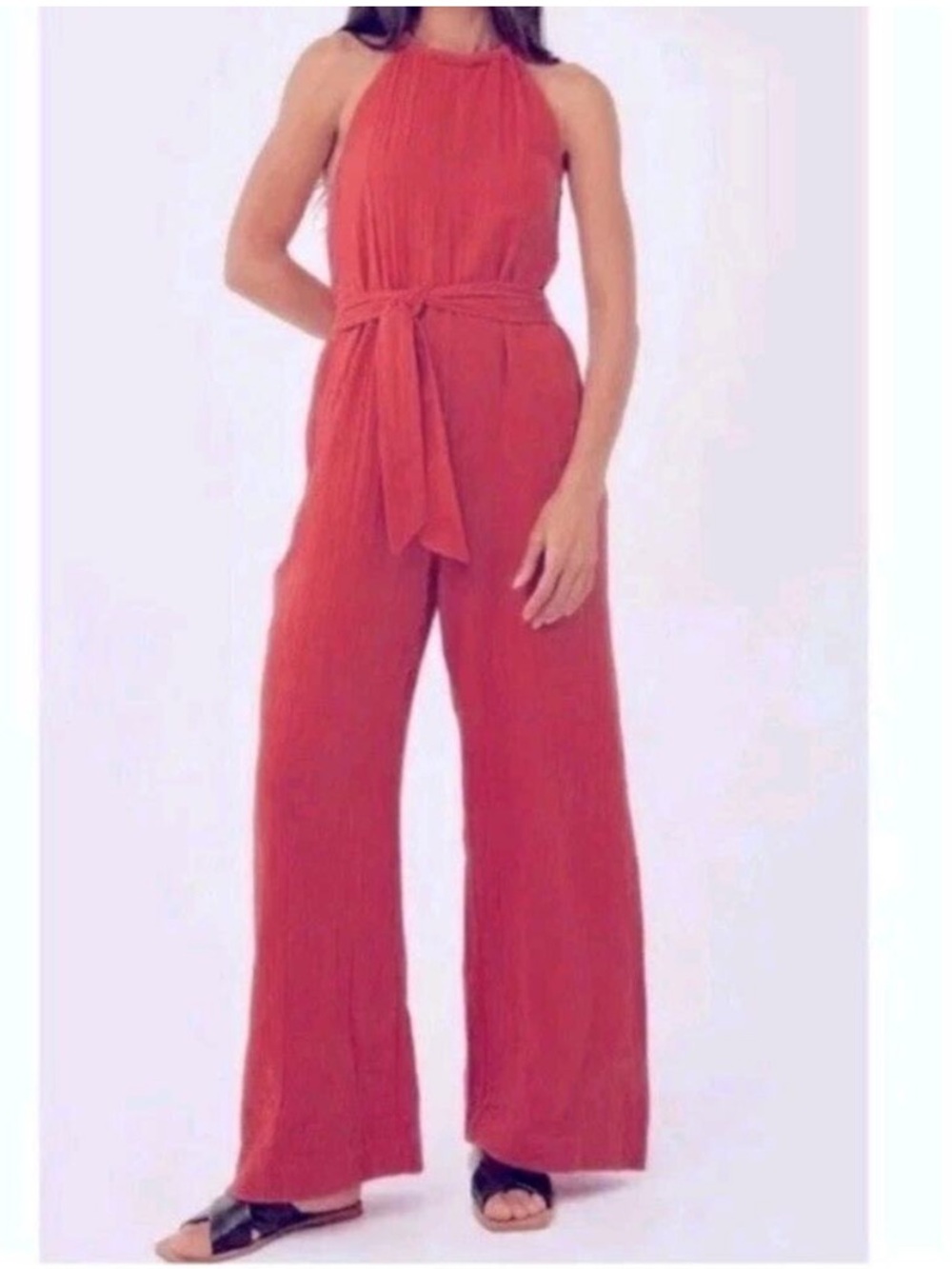 Pact Coastal Beach Halter Jumpsuit Organic Cotton Baked Apple Red Orange Medium